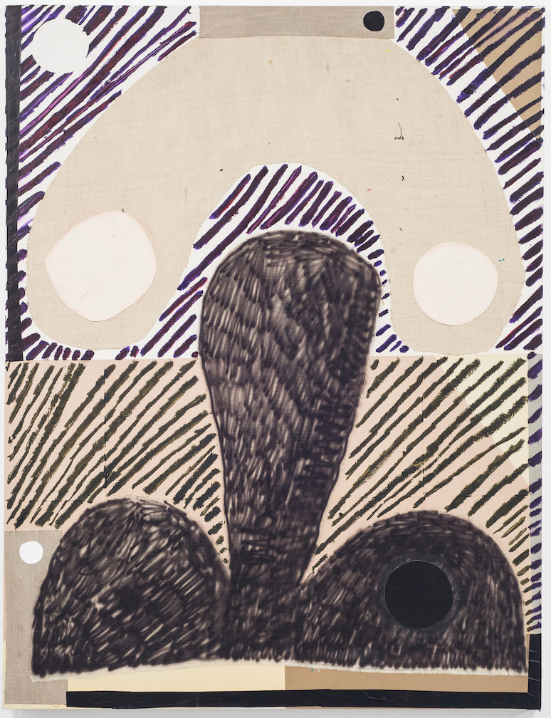 Bottoms Up, 2015 | Burlap, paper, acrylic, pencil eraser, oil, caulking on canvas, 60” x 46’’ 