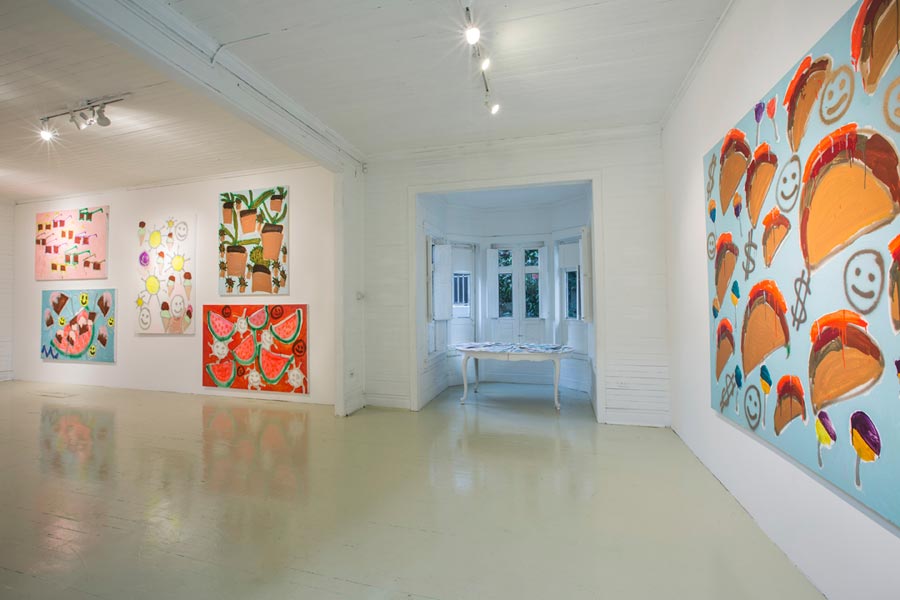 Installation view at Roberto Paradise | Watermelon, Smiley Faces, Ice Cream, Popsicles, Avocado, and Sun | Katherine Bernhardt