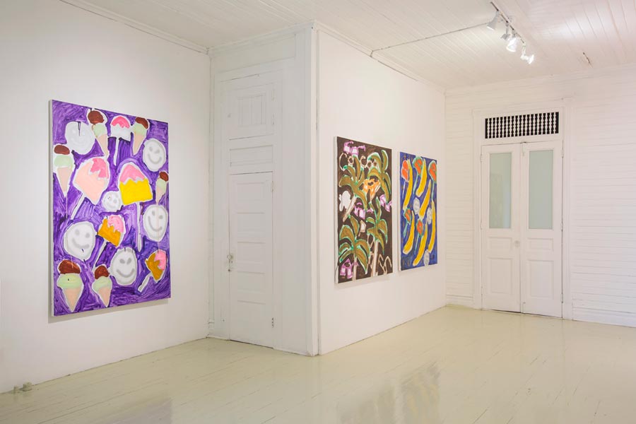 Installation view at Roberto Paradise | Watermelon, Smiley Faces, Ice Cream, Popsicles, Avocado, and Sun | Katherine Bernhardt