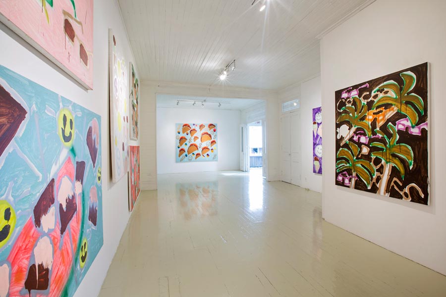 Installation view at Roberto Paradise | Watermelon, Smiley Faces, Ice Cream, Popsicles, Avocado, and Sun | Katherine Bernhardt