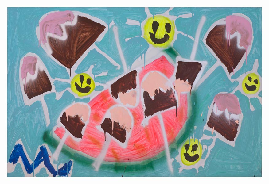 The Beach, Ice Cream, and Sunshine, 2013, Acrylic and spray-paint on canvass 5’ x 6’