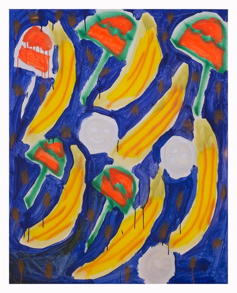 Bananas, Ice Cream and Smiley Faces, 2013, Acrylic and spray-paint on canvas, 5’ x 4’