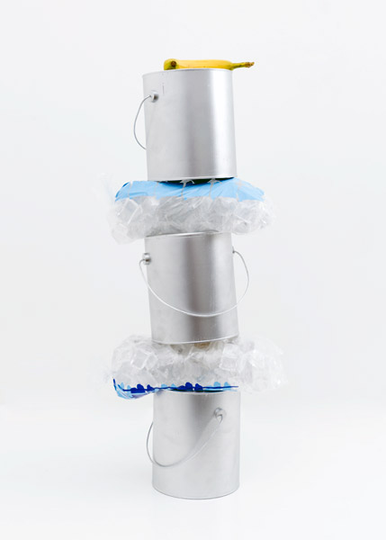 Untitled (Cans with Ice Bags), 2014 | Wood, glass, cast bronze, plastic bags, cut vinyl, and paint, 34'' x 3'' x 18d