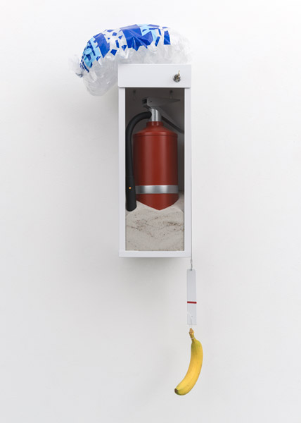 Guardian (Sand and Ice), 2014 | Wood, cast bronze, glass, steel, fire extinguisher cabinet, steel cable, plastic bag, cut vinyl, paint, and sand, 30'' x 12'' x 7d