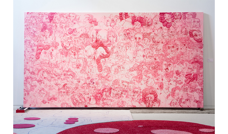 Fornarina, 2012  |  Acrylic on canvas, keyboard, güiro, 96" x 180"