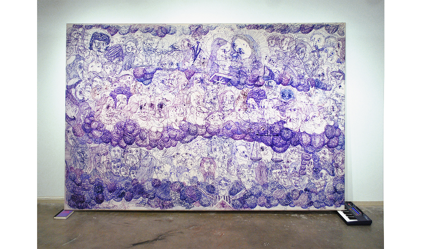 Parallelogram (after Tintoretto's Paradiso), 2012  |  Acrylic on canvas, keyboard with speakers, and book, 90.5" x 137.5"