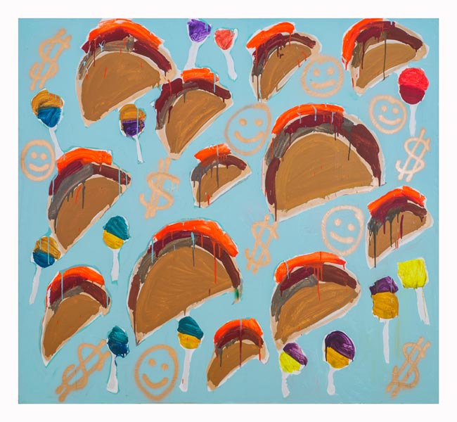 Tacos and Money, 2013 | Acrylic and spray-paint on canvas, 7’ x 6’