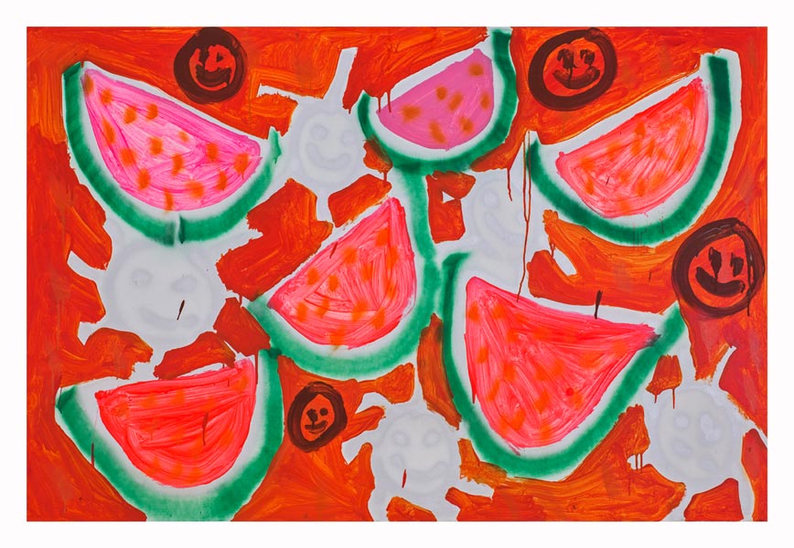 Five Watermelons, Orange 2013 | Acrylic and spray-paint on canvas, 5’ x 6’