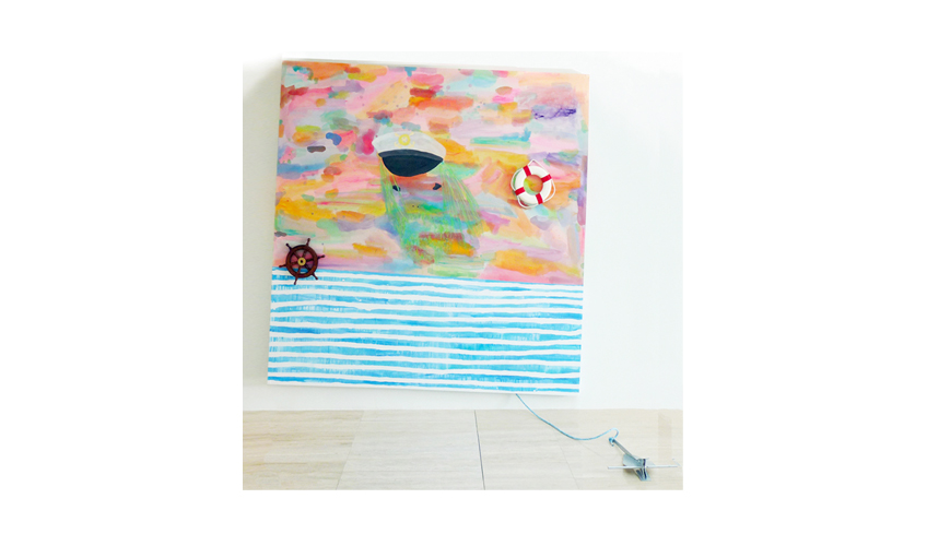 Radamés ‘Juni’ Figueroa | Capitán Veneno, 2012  |  Acrylic, anchor, rudder and lifejacket on canvas 84" x 84"