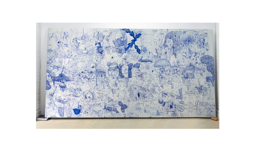 Madre Perla V-11, 2011  |  Acrylic on canvas, keyboard, güiro, 96" x 180"